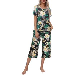 imageEkouaer Womens Pajamas Set Short Sleeve Top With Capri Pants Pjs Lounge ampamp Sleepwear Set SXXLBlackWhite FlowerGreen Leaf