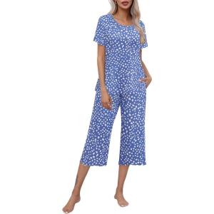 imageEkouaer Womens Pajamas Set Short Sleeve Top With Capri Pants Pjs Lounge ampamp Sleepwear Set SXXLBlueWhite Pot