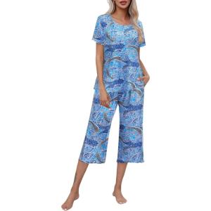 imageEkouaer Womens Pajamas Set Short Sleeve Top With Capri Pants Pjs Lounge ampamp Sleepwear Set SXXLCashew Navy Blue