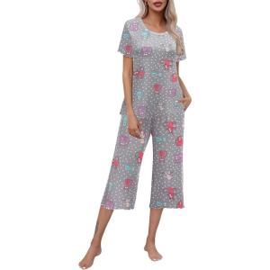 imageEkouaer Womens Pajamas Set Short Sleeve Top With Capri Pants Pjs Lounge ampamp Sleepwear Set SXXLGrayWhite PotCarton Animal