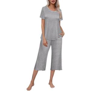 imageEkouaer Womens Pajamas Set Short Sleeve Top With Capri Pants Pjs Lounge ampamp Sleepwear Set SXXLGrayWhite Stripe