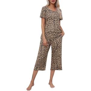 imageEkouaer Womens Pajamas Set Short Sleeve Top With Capri Pants Pjs Lounge ampamp Sleepwear Set SXXLLeopard
