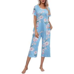 imageEkouaer Womens Pajamas Set Short Sleeve Top With Capri Pants Pjs Lounge ampamp Sleepwear Set SXXLLight BlueWhit Flower