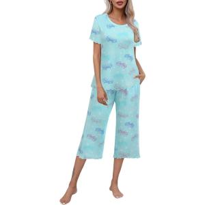 imageEkouaer Womens Pajamas Set Short Sleeve Top With Capri Pants Pjs Lounge ampamp Sleepwear Set SXXLMint GreenButterfly