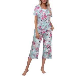 imageEkouaer Womens Pajamas Set Short Sleeve Top With Capri Pants Pjs Lounge ampamp Sleepwear Set SXXLMint GreenPink Rose