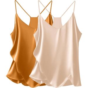 imageEkouaer Womens Satin Cami Tops 2 Pack V Neck Silk Camisole Tank Top Spaghetti Strap Racerback Camis Blouse ShirtChampagneKhaki