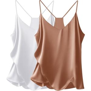 imageEkouaer Womens Satin Cami Tops 2 Pack V Neck Silk Camisole Tank Top Spaghetti Strap Racerback Camis Blouse ShirtKhakiWhite