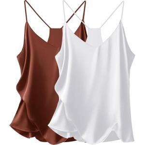 imageEkouaer Womens Satin Cami Tops 2 Pack V Neck Silk Camisole Tank Top Spaghetti Strap Racerback Camis Blouse ShirtWhiteCoffee