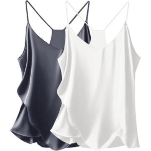 imageEkouaer Womens Satin Cami Tops 2 Pack V Neck Silk Camisole Tank Top Spaghetti Strap Racerback Camis Blouse ShirtWhiteGrey