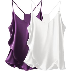 imageEkouaer Womens Satin Cami Tops 2 Pack V Neck Silk Camisole Tank Top Spaghetti Strap Racerback Camis Blouse ShirtWhitePurple