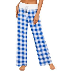 imageEkouaer Womens Pajama Pants Wide Leg Yoga Pants Lounge Drawstring Pants Comfy Stretch Plaid Pj BottomsBluewhite Plaid