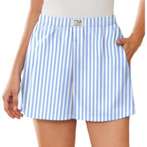 imageEkouaer Womens Boxer Shorts Casual Lounge Pajama Shorts Summer Sleep Pants Y2K Beach Bottoms with PocketsBlue Striped
