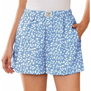 imageEkouaer Womens Boxer Shorts Casual Lounge Pajama Shorts Summer Sleep Pants Y2K Beach Bottoms with PocketsBlue White Flower