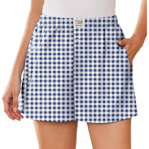 imageEkouaer Womens Boxer Shorts Casual Lounge Pajama Shorts Summer Sleep Pants Y2K Beach Bottoms with PocketsBlue White Plaid
