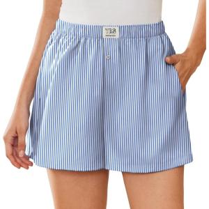 imageEkouaer Womens Boxer Shorts Casual Lounge Pajama Shorts Summer Sleep Pants Y2K Beach Bottoms with PocketsBlue White Striped