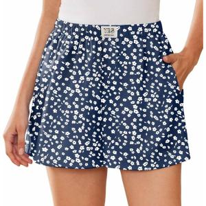 imageEkouaer Womens Boxer Shorts Casual Lounge Pajama Shorts Summer Sleep Pants Y2K Beach Bottoms with PocketsNavy White Flower