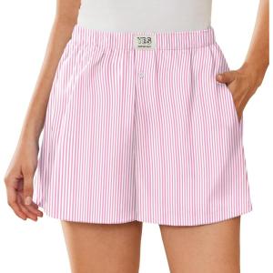 imageEkouaer Womens Boxer Shorts Casual Lounge Pajama Shorts Summer Sleep Pants Y2K Beach Bottoms with PocketsPink White Striped