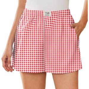 imageEkouaer Womens Boxer Shorts Casual Lounge Pajama Shorts Summer Sleep Pants Y2K Beach Bottoms with PocketsRed White Plaid