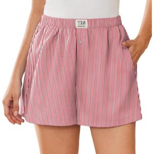 imageEkouaer Womens Boxer Shorts Casual Lounge Pajama Shorts Summer Sleep Pants Y2K Beach Bottoms with PocketsRed White Striped