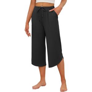 imageEkouaer Womens Pajama Pants Capri Wide Leg Lounge Pj Pants Summer Comfy Drawstring Pajama Bottoms with PocketsBlack