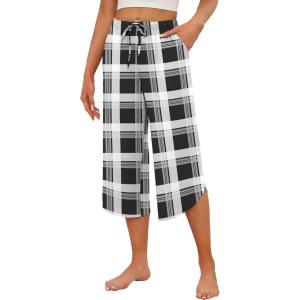 imageEkouaer Womens Pajama Pants Capri Wide Leg Lounge Pj Pants Summer Comfy Drawstring Pajama Bottoms with PocketsBlack Plaid