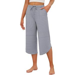 imageEkouaer Womens Pajama Pants Capri Wide Leg Lounge Pj Pants Summer Comfy Drawstring Pajama Bottoms with PocketsBlack Stripes
