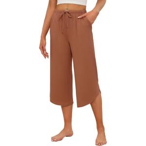 imageEkouaer Womens Pajama Pants Capri Wide Leg Lounge Pj Pants Summer Comfy Drawstring Pajama Bottoms with PocketsBrick Red