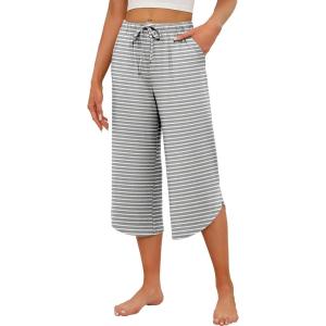 imageEkouaer Womens Pajama Pants Capri Wide Leg Lounge Pj Pants Summer Comfy Drawstring Pajama Bottoms with PocketsGrey Stripes