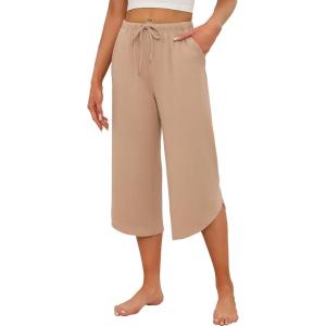 imageEkouaer Womens Pajama Pants Capri Wide Leg Lounge Pj Pants Summer Comfy Drawstring Pajama Bottoms with PocketsKhaki
