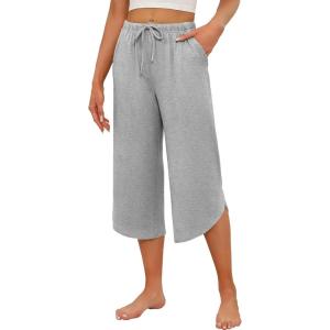 imageEkouaer Womens Pajama Pants Capri Wide Leg Lounge Pj Pants Summer Comfy Drawstring Pajama Bottoms with PocketsLight Gray