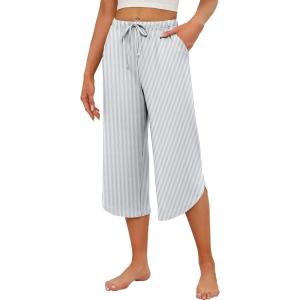 imageEkouaer Womens Pajama Pants Capri Wide Leg Lounge Pj Pants Summer Comfy Drawstring Pajama Bottoms with PocketsWhite Stripes