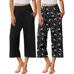 imageEkouaer Womens Pajama Pants Wide Leg Capri Yoga Pants Lounge Comfy Sleep Pj Bottoms with PocketsBlack  Moon