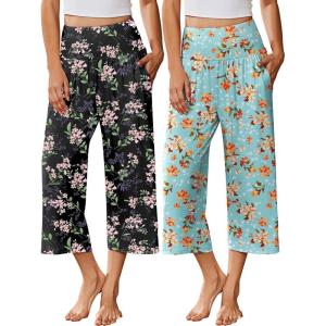 imageEkouaer Womens Pajama Pants Wide Leg Capri Yoga Pants Lounge Comfy Sleep Pj Bottoms with PocketsBlack Flowers  Blue Flowers