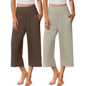 imageEkouaer Womens Pajama Pants Wide Leg Capri Yoga Pants Lounge Comfy Sleep Pj Bottoms with PocketsBrownie  Light Beige