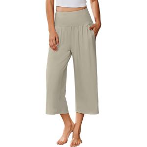 imageEkouaer Womens Pajama Pants Wide Leg Capri Yoga Pants Lounge Comfy Sleep Pj Bottoms with PocketsLight Beige