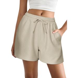 imageEkouaer Womens Pajama Shorts Textured Casual Lounge Short Elastic Waist Pj Shorts Sweatsuits with Pockets 2025Apricot
