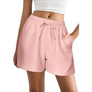 imageEkouaer Womens Pajama Shorts Textured Casual Lounge Short Elastic Waist Pj Shorts Sweatsuits with Pockets 2025Pink