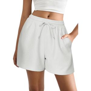 imageEkouaer Womens Pajama Shorts Textured Casual Lounge Short Elastic Waist Pj Shorts Sweatsuits with Pockets 2025White