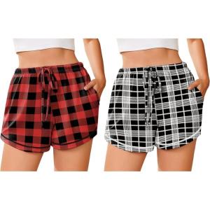 imageEkouaer Pajama Shorts For Women Soft Sleep Shorts Casual Lounge Pants Comfy Pj Pants with PocketsRed Plaid and Black Plaid