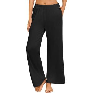 imageEkouaer Pajama Pants for Women Soft Comfy Pajama Bottoms Casual Stretch Wide Leg Pants with PocketsBlack