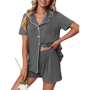 imageEkouaer Pajamas Set for Women 2 Piece Pjs Short Sleeve Sleepwear Button Down Lounge Shorts Sets SXXLGrey