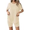imageEkouaer Womens 2 Piece Lounge Set 2025 Summer Biker Shorts Set Outfits Short Sleeve Oversized Top Matching TracksuitBeige