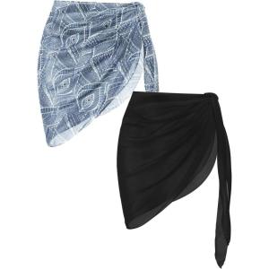 imageEkouaer 2 Pieces Women Beach Sarongs Sheer Cover Ups Chiffon Bikini Wrap Skirt for Swimwear SXXLBlackBlue Background White Leaves Flowers