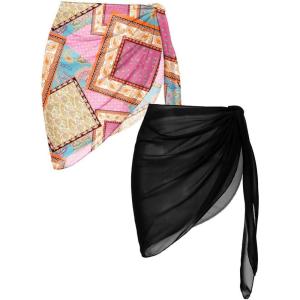 imageEkouaer 2 Pieces Women Beach Sarongs Sheer Cover Ups Chiffon Bikini Wrap Skirt for Swimwear SXXLBlackPink Orange Print