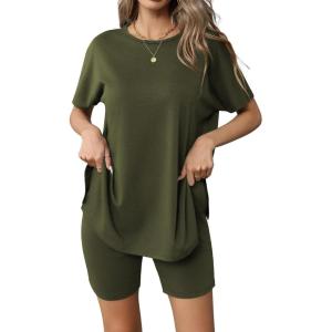 imageEkouaer Womens 2 Piece Lounge Set 2025 Summer Biker Shorts Set Outfits Short Sleeve Oversized Top Matching TracksuitArmy Green