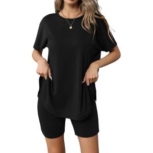imageEkouaer Womens 2 Piece Lounge Set 2025 Summer Biker Shorts Set Outfits Short Sleeve Oversized Top Matching TracksuitBlack