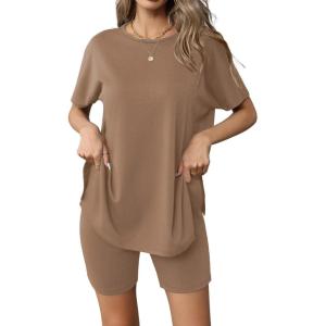 imageEkouaer Womens 2 Piece Lounge Set 2025 Summer Biker Shorts Set Outfits Short Sleeve Oversized Top Matching TracksuitBrown