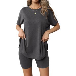 imageEkouaer Womens 2 Piece Lounge Set 2025 Summer Biker Shorts Set Outfits Short Sleeve Oversized Top Matching TracksuitDark Gray