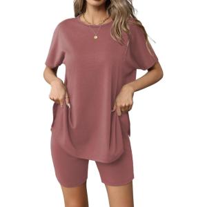 imageEkouaer Womens 2 Piece Lounge Set 2025 Summer Biker Shorts Set Outfits Short Sleeve Oversized Top Matching TracksuitGray Purple Red