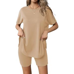 imageEkouaer Womens 2 Piece Lounge Set 2025 Summer Biker Shorts Set Outfits Short Sleeve Oversized Top Matching TracksuitKhaki